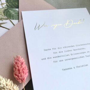 Dankeskarte Hochzeit, Postkarte, Grußkarte, Hochzeitspapeterie personalisiert mit Heißfolienprägung in Gold, Rosegold oder Silber