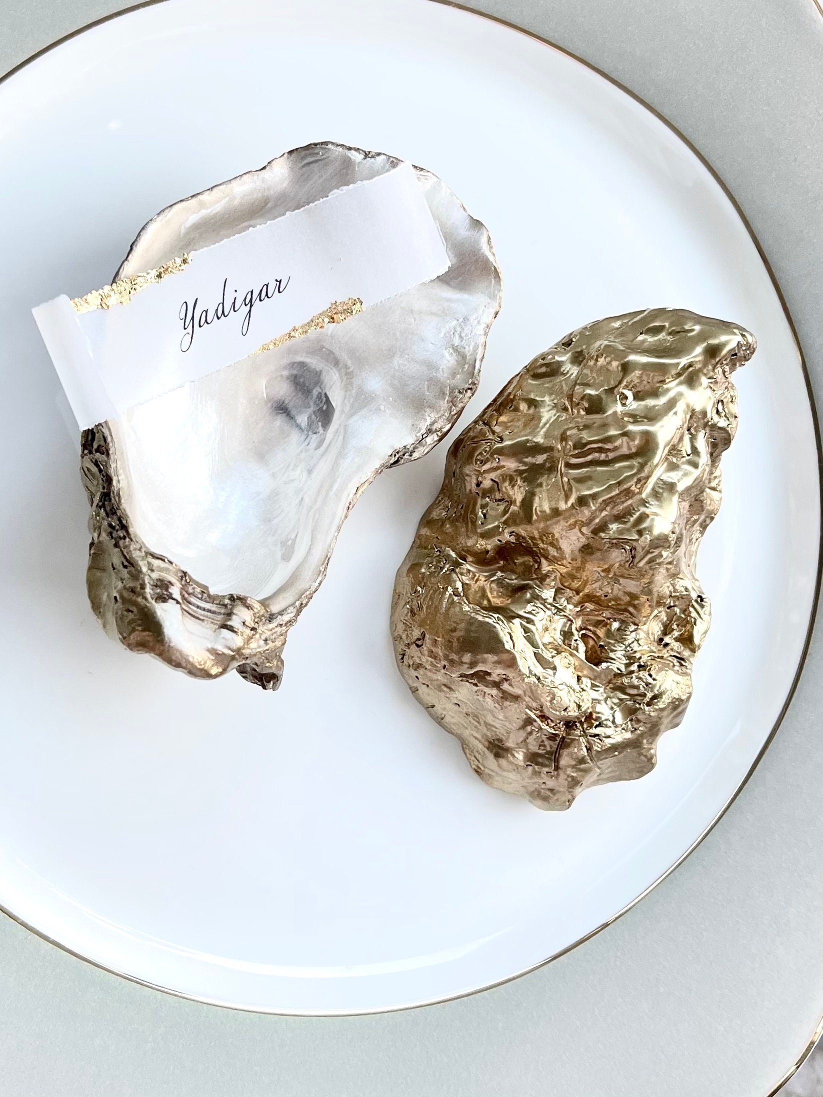Platzkarte, Namenskarte aus Austern Muscheln personalisiert